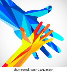 El concepto de vector de mano pequeña azul y naranja. Símbolo de ayuda emblema de compatibilidad con vectores de manos. Ilustración del icono de las manos del vector. Educación, atención de salud, medicina, diseño.