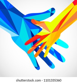 El concepto de vector de mano pequeña azul y naranja. Símbolo de ayuda emblema de compatibilidad con vectores de manos. Ilustración del icono de las manos del vector. Educación, atención de salud, medicina, diseño.