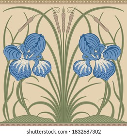 Blue big irises and green reeds decorative border pattern on light background. Vector illustration.