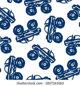 Blue big monster trucks isolated on white background. Cute seamless pattern. Side view. Vector flat graphic hand drawn illustration. Texture.