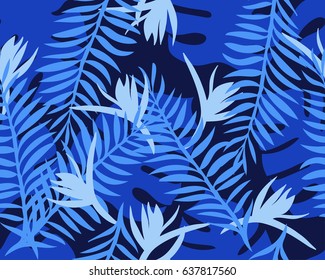 Blue big tropical leaves seamless pattern. Vector hand drawn illustration.
