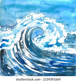 Blue big wave watercolor illustration 