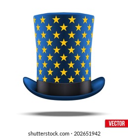 Blue big wizard hat cylinder with gold stars. Vector Illustration. Isolated on white background.