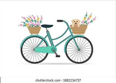 Blue bike complete with two flower baskets. A cute puppy is sitting in a basket. Vector illustration.