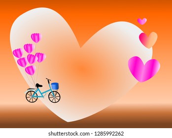 The blue bike has a balloon floating in the back the background is orange and has many hearts. Concept  Keep good love on the day of Valentines.