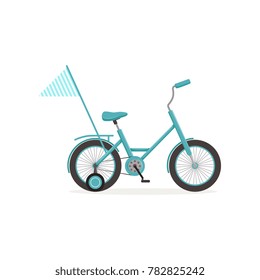 Blue bike with training wheels and flag, kids bicycle vector Illustration