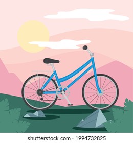 blue bike vehicle in front of pink mountains and sun