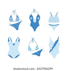 Conjunto de bikini azul, diferentes trajes de baño para el verano. Ilustración vectorial.
