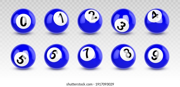 Blue billiard balls with numbers from zero to nine. Vector realistic set of shiny balls for pool game or lottery. Glossy spheres with reflection and shadows for leisure playing and sport competitions