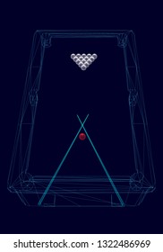 Blue billiard table wireframe with balls and cue. front view. 3d. vector illustration