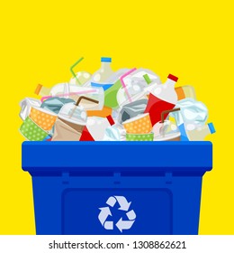 blue bin full with plastic garbage waste isolated yellow square background, plastic waste dump on the bin, plastic waste on the bin separation for recycle conservation environmental, pollution garbage