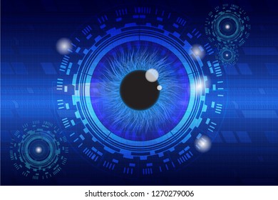 Blue binary circuit board future technology, green eye cyber security concept background, abstract hi speed digital internet