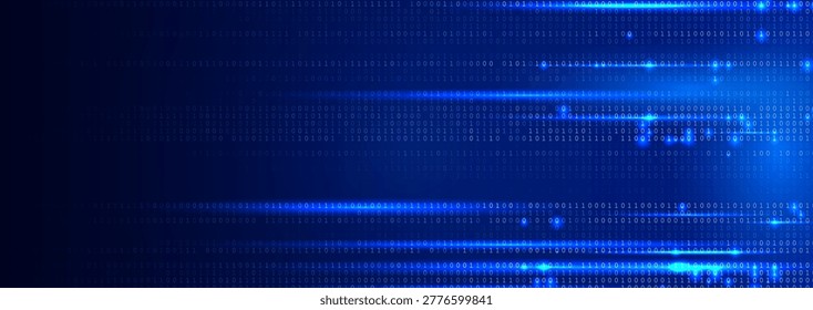 Blue Binary Code Background Glowing Digital Data Stream for AI Coding, Data Encryption, Cybersecurity, Software Engineering, Cloud Code Computing. Digital Transformation Technology Vector Backdrop