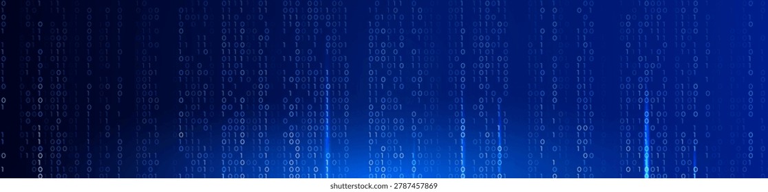 Blue Binary Code Background Glowing Digital Data Stream for AI Coding, Data Encryption, Cybersecurity, Software Engineering, Cloud Code Computing. Digital Transformation Technology Vector Backdrop