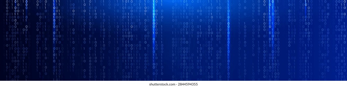 Blue Binary Code Background Glowing Digital Data Stream for AI Coding, Data Encryption, Cybersecurity, Software Engineering, Cloud Code Computing. Digital Transformation Technology Vector Backdrop