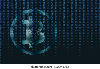 Blue Binary Code Cascade Texture With A Binary Code Bitcoin Logo