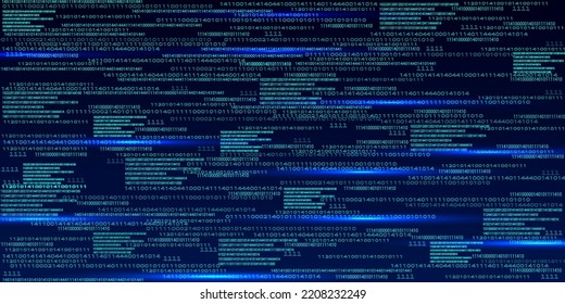 Blue binary code or matrix on the dark background with noise effect, glow lines. Big data visualization. Digital texture backdrop. Vector illustration.