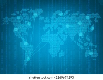 Blue binary code number with digital number world map background