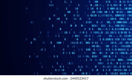 Fondo de código de programación de software de datos binarios azules. Partes aleatorias del código de programa. Concepto de tecnología de datos digitales. 1 0 Código de máquina. Ilustración vectorial amplia de la matriz de datos binarios al azar.