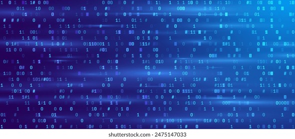 Blue Binary Data Software Programming Code Background. Random Parts of Program Code. Digital Data Technology Concept. 1 0 Machine Code. Random Binary Data Matrix Wide Vector Illustration.