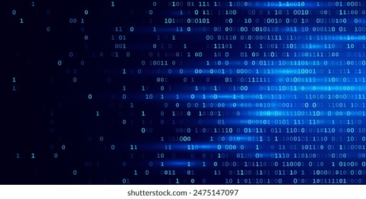 Blauer Programmiercode für binäre Daten. Zufällige Teile des Programmcodes. In: Digital Data Technologie Concept. 1 0 Maschinencode. Random Binary Data Matrix-weite Vektorillustration.