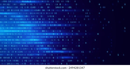 Blue Binary Data Software Programming Code Background. LLM GPT Tech Concept. Digital Data Technology. 1 0 Machine Code. Random Binary Data Matrix Wide Vector Illustration.