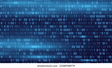 Plano de fundo de código de programação de software de dados binários azuis. Código do Programa de Ciência da Computação. Conceito de tecnologia de dados digitais. 1 0 Código da máquina. Ilustração de vetor de tecnologia de matriz de dados binários aleatórios.