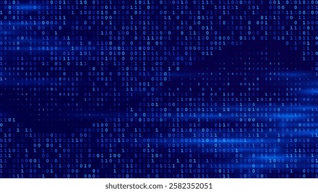 Blue Binary Data Software Programming Code Background. Random Parts of Program Code. Digital Data Technology Concept. 1 0 Machine Code. Random Binary Data Matrix Wide Vector Illustration.