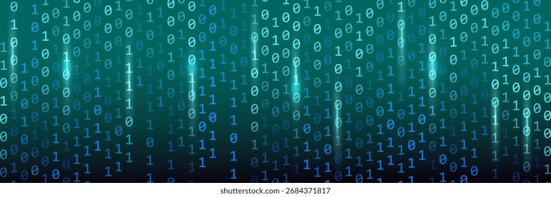 Blue binary rain background with glimmer and glowing light. Binary code with blue light.
