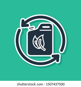 Blue Bio fuel canister icon isolated on green background. Eco bio and barrel. Green environment and recycle.  Vector Illustration