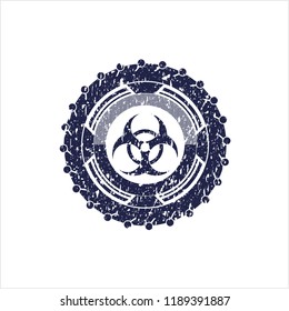 Blue biohazard icon inside distressed grunge seal