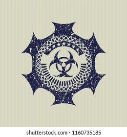 Blue biohazard icon inside rubber stamp with grunge texture