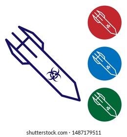 Blue Biohazard rocket icon isolated on white background. Rocket bomb flies down. Set color icons in circle buttons. Vector Illustration
