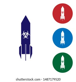 Blue Biohazard rocket icon isolated on white background. Rocket bomb flies down. Set color icons in circle buttons. Vector Illustration