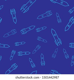 Blue Biohazard rocket icon isolated seamless pattern on blue background. Rocket bomb flies down.  Vector Illustration