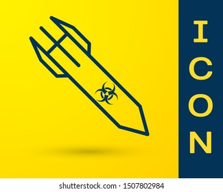 Blue Biohazard rocket icon isolated on yellow background. Rocket bomb flies down.  Vector Illustration