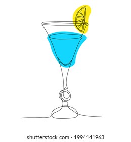 Ilustración del vector de la bebida alcohólica Blue Bird. Una línea. Logo del menú en el restaurante del bar. Aislado sobre un fondo blanco.