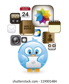 blue bird with apps over white background. vector illustration