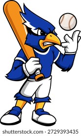 Mascota del jugador de béisbol del pájaro azul que sostiene el murciélago de madera