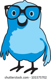 A blue bird ("Bluebert") with glasses
