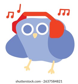 Blue bird with bright red headphones on with sound playing. Music singer, songwriter, podcast listener. Blue jay listening to tunes. Cartoon animal mascot for streaming services and websites. EPS 10.