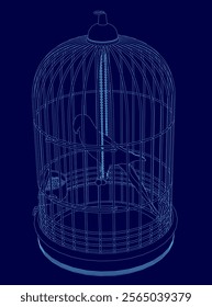 Blue bird cage with a bird inside. The cage is made of wire and has a blue color