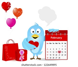 Blue bird with calendar; gifts and speech bubbles for your message. Design for Valentine's Day. Vector illustration.