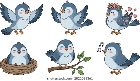 Blue bird cartoon, cute character, flower crown, singing bird, nest scene, branch perch, joyful pose, kids art, nature theme, expressive illustration