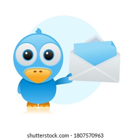 Caricatura de pájaro azul con correo.Ilustración vectorial del pájaro caricaturizado con el mensaje.