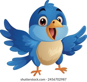 Blue bird cartoon moving on white background