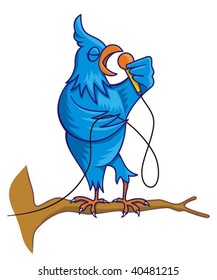 Blue bird cartoon on tree branch with microphone singing
