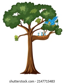 Blue bird and chicks on the tree illustration
