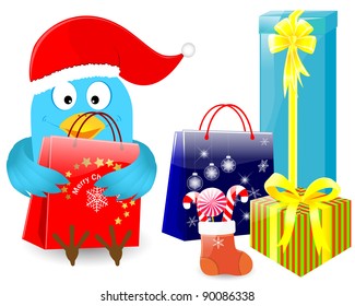 Blue bird in christmas cap with sock and gifts. 10 EPS. Vector illustration.