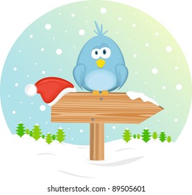 Blue bird and christmas hat on the waymark, vector illustration
